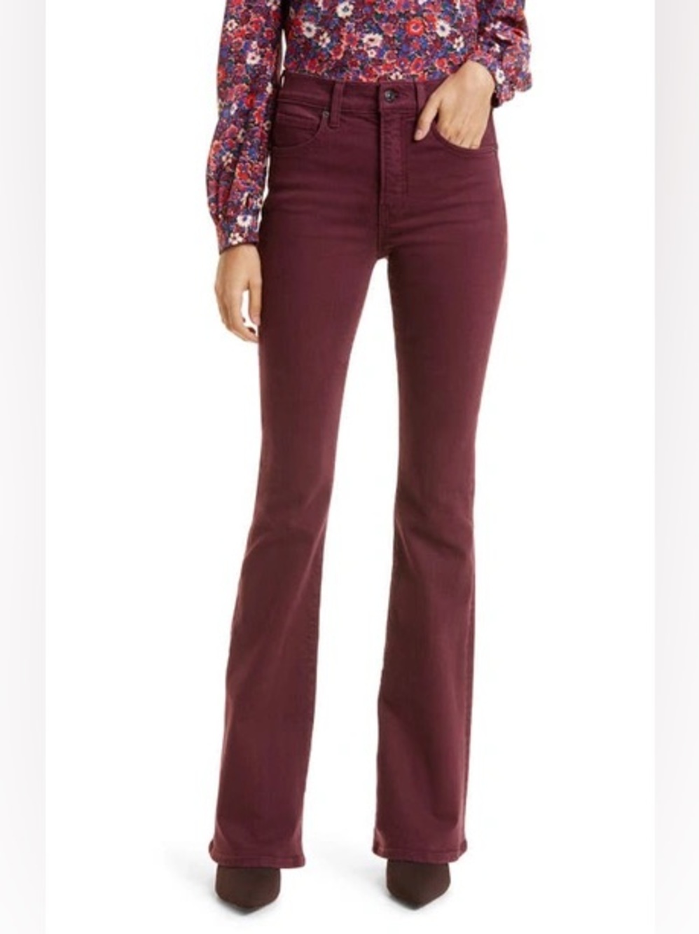 Veronica Beard High-Rise Beverly Skinny Flare Jeans in Merlot Red